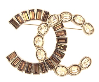Chanel Brown & Beige Crystal CC Brooch