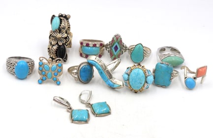 Big group lot of Vintage 925 sterling silver turquoise rings and turquoise dangle earrings