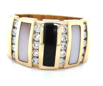 14kt Yellow gold black onyx, mother of pearl and diamond wide band