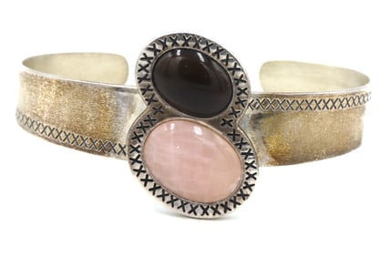 Vintage 925 sterling silver signed rose quartz and tiger eye cuff bangle