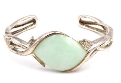 Vintage 925 sterling silver green Jade cuff bangle bracelet