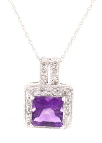 10kt White gold square amethyst and diamond halo pendant on chain