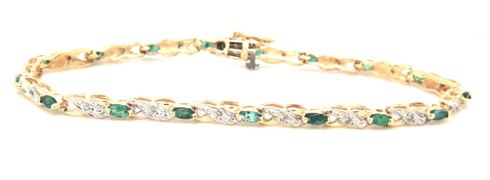 10kt Yellow gold Marquise emerald and diamond two tone tennis bracelet