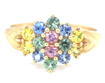 14kt Yellow gold multi gemstone cluster ring