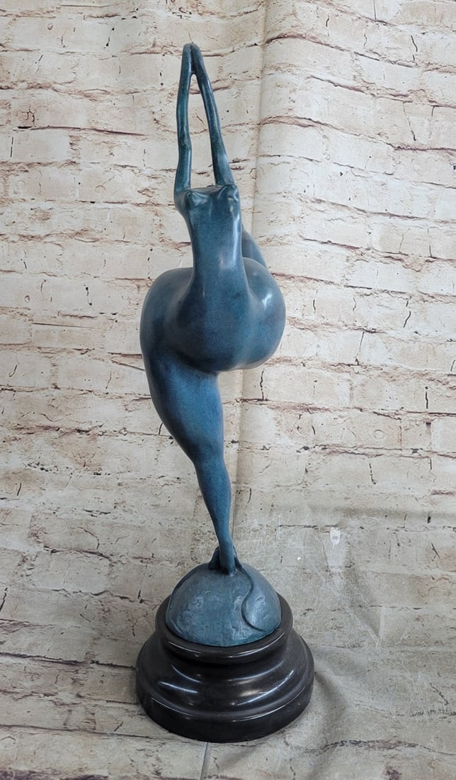 Woman Bronze Sculpture: The curvy nude woman bends her knee to make her next move in her complex dance. The composition recalls the Classical sense yet adopts a modern abstract flair that gives her body an added emphasis on