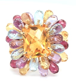 14kt Yellow gold emerald cut citrine surrounded multi color gemstone ring