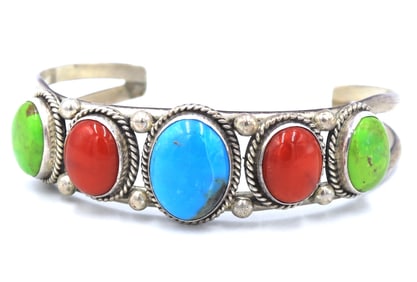 Vintage 925 sterling silver turquoise and coral cuff bangle