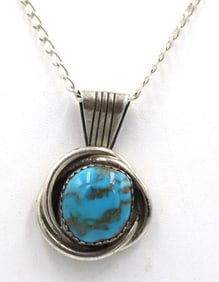 925 Sterling silver signed turquoise pendant on Cuban link chain necklace