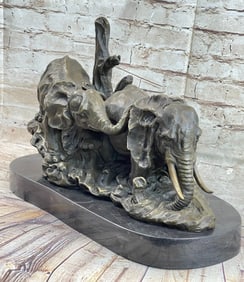 Two Elephant Crossing a Bridge Bronze Figurine