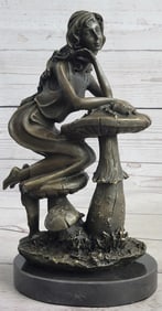 Sitting Young Lady on Mushroom Bronze Sculpture