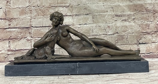 Young Woman With Dog Bronze Sculpture