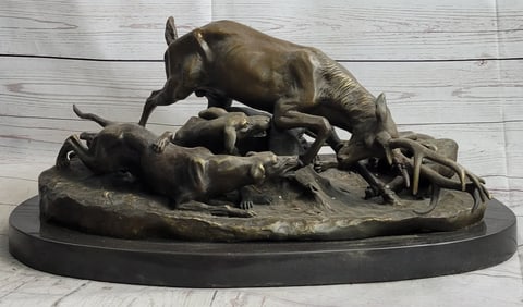 Elk Stag is Attacked by Pack of Wild Dogs Bronze Sculpture