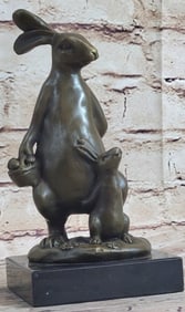 Easter Bunny and Baby Bronze Sculpture on Marble Base Figurine