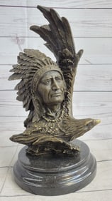 Native American With Eagle Bronze Statue