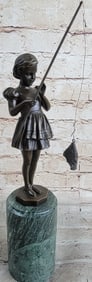 Young Girl Fishing in Lake Bronze Sculpture