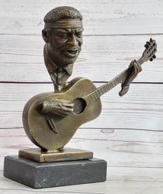 Man Playing Guitar Bronze Bust Sculpture on Marble Base