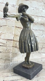 Woman Dressed Feminine Sundress holding Parrot Bronze Sculpture