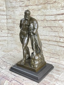 Hercules Greek Myth Nude on Marble Base Bronze Sculpture