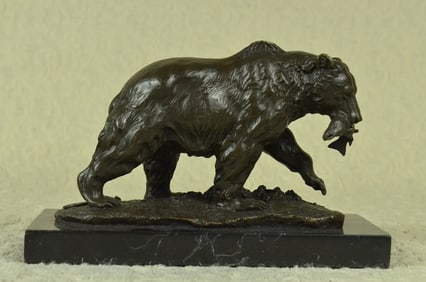 Grizzly Bear Hunting Fish Bronze Sculpture