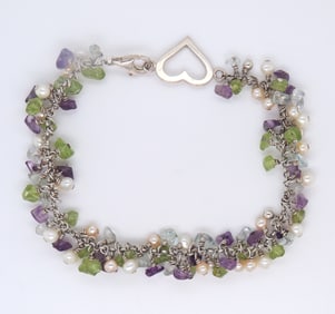 Sterling Silver Multi Gemstone Bracleet with Heart Charm