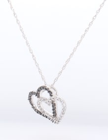 Sparkling White Gold Black and White Diamond Double Heart Pendant on Chain