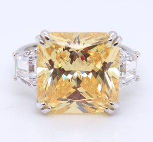 Sterling Silver Emerald Cut Yellow Cubic Zirconia Ring