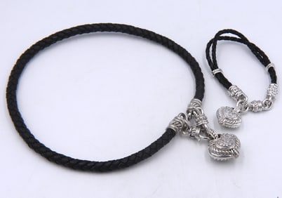 Set of Judith Ripke 925 sterling silver crystal heart shaped pendant on black leather cord