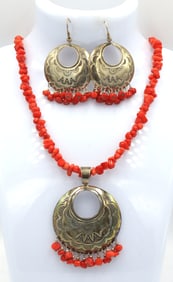 Set of Coral pendant on beaded necklace and matching dangle earrings