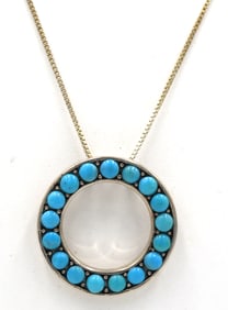 Vintage 925 sterling silver signed turquoise pendant on box chain