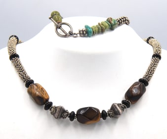 Vintage 925 sterling silver tiger eye necklace and turquoise bracelet