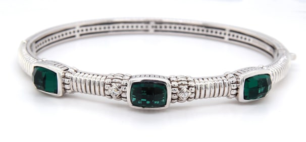 Judith Ripka Emerald green quartz bangle bracelet in 925 sterling silver
