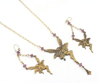 Set of Vintage brass Pididdly links fairy necklace and dangle earrings