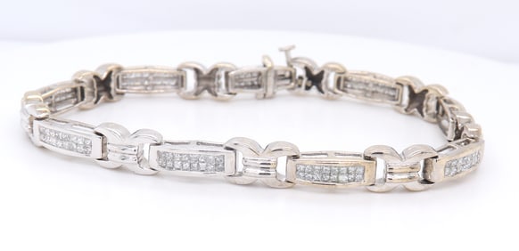 White Gold Double Row Invisible Set Princess Cut Bracelet