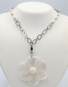 Shell mother of pearl flower style pendant on Milor chain necklace