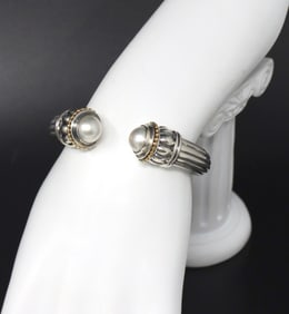 Lagos Caviar Hinged Cuff Bangle with Pearls