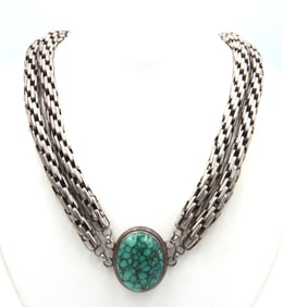 Heavy chunky vintage 925 sterling silver oval turquoise necklace