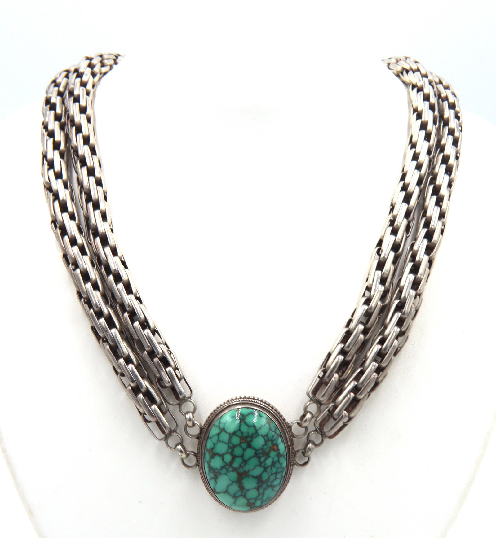 Heavy chunky vintage 925 sterling silver oval turquoise necklace (1 of 6)