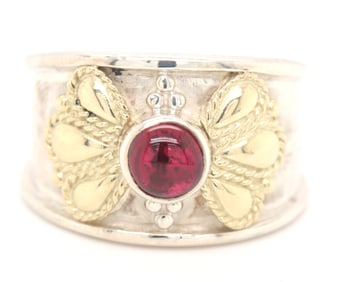 Round Garnet Cab flower wide band in 925 sterling silver