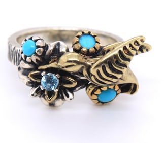 Sterling Silver American West Brass Blue Turquoise and Blue Topaz Casuse Design Ring