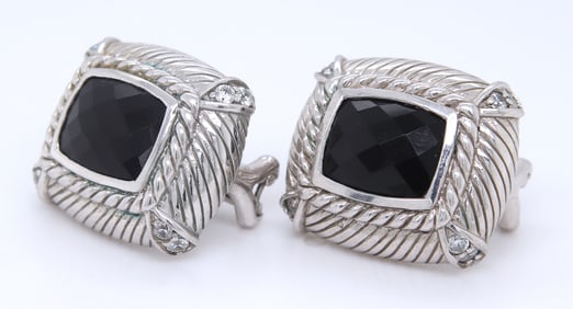 Judith Ripka 925 sterling silver cushion cut black onyx earrings
