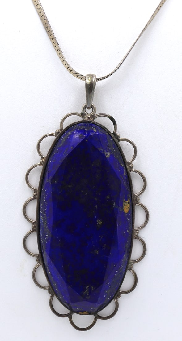 Vintage 925 sterling silver Lapis pendant on Italian Herringbone chain necklace (1 of 5)