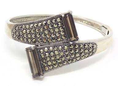 Marcasite and Smokey Quartz Sterling Silver Bangle