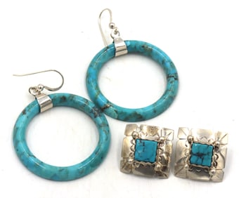 2 Pairs of 925 sterling silver turquoise earrings