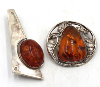 Lot of 2 Vintage 925 sterling silver amber brooches