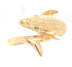 14kt Yellow gold emerald eye Dolphin ring