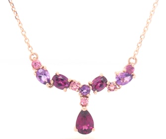10kt Rose gold Amethyst, Pink tourmaline and Pink sapphire multi stone necklace