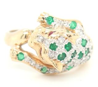 14kt Yellow gold emerald, diamond and ruby eyes panther ring