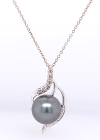 14kt White gold LeVian 10.5mm Tahitian pearl and diamond pendant on chain necklace
