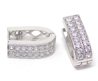 14kt White Gold Hoops feature Round Cut Cubic Zirconia set into Double Row Hoop Earrings