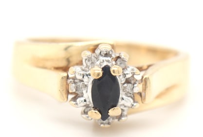 10kt Yellow gold blue sapphire and diamond ring